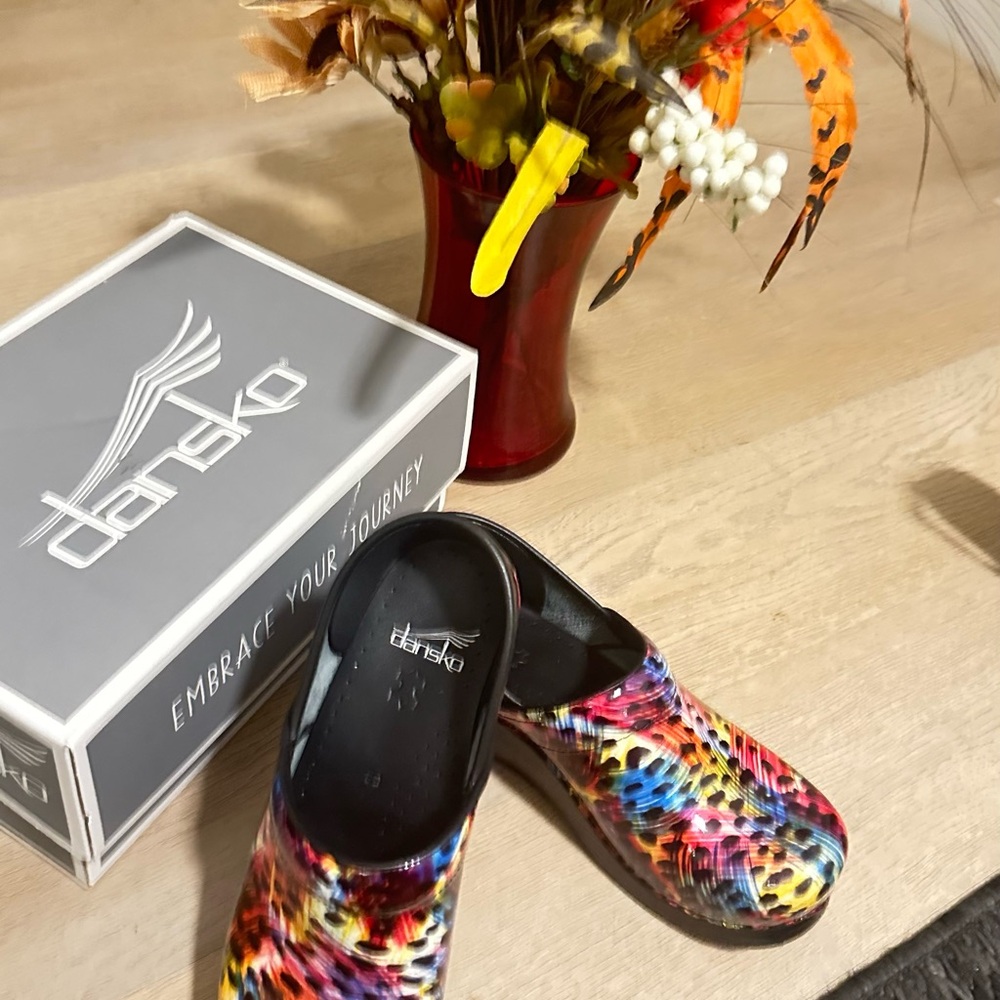 Dansko Red and Blue Artistic Clogs